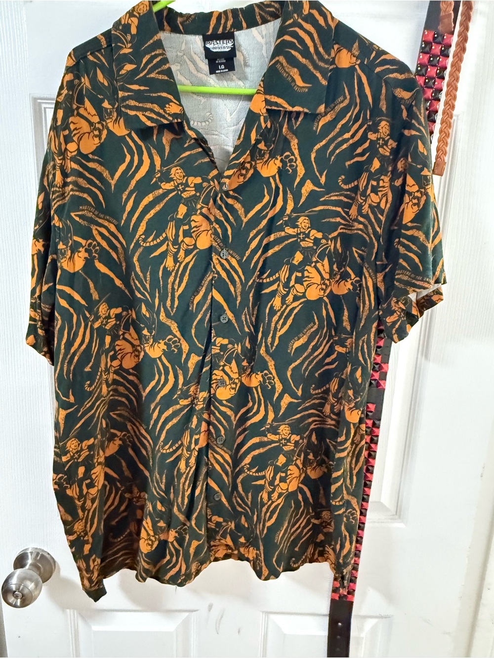 Men's Short-Sleeve Button Shirt - Green with Orange Print He-Man and battlecat